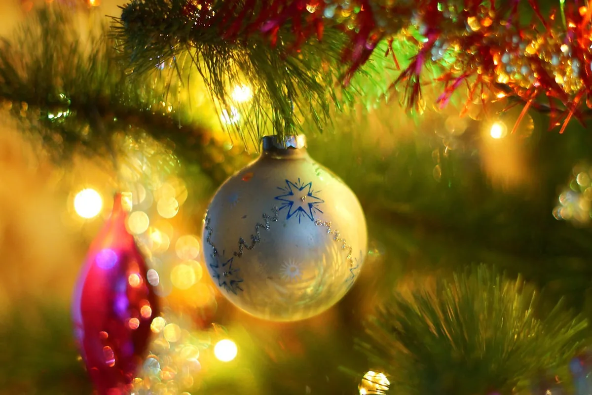 Close-up of Christmas tree ornaments