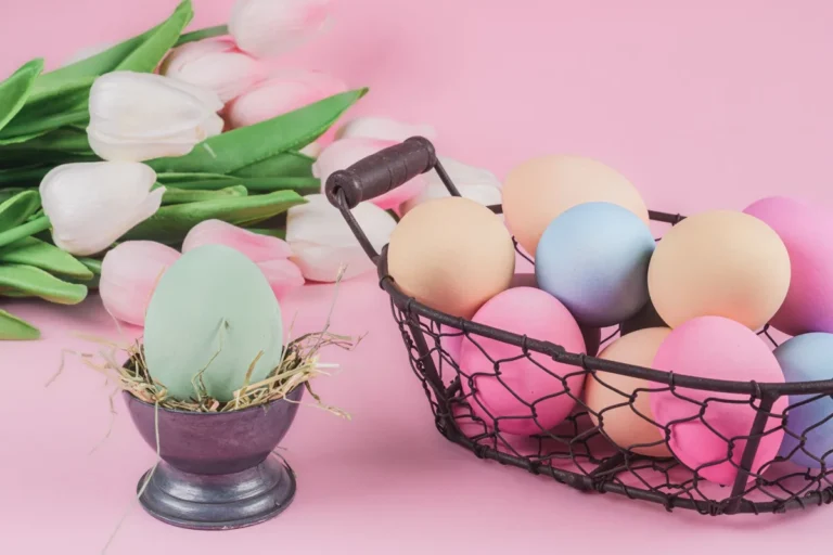 Spring flowers and painted eggs