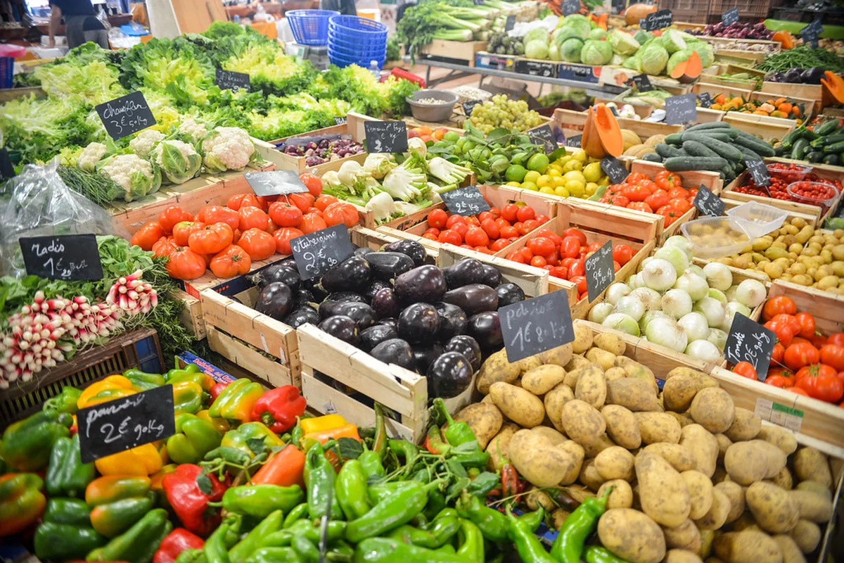 A market stall of fresh vegetables