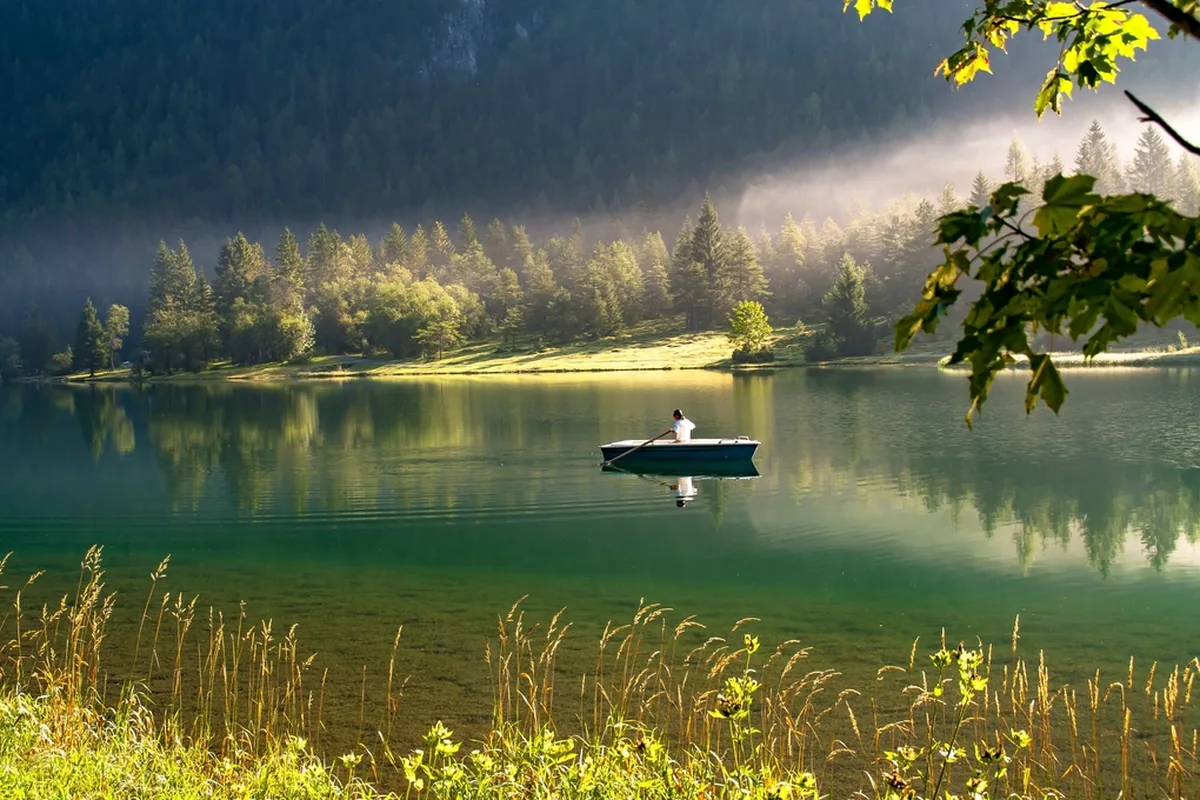 A small boat on a calm lake